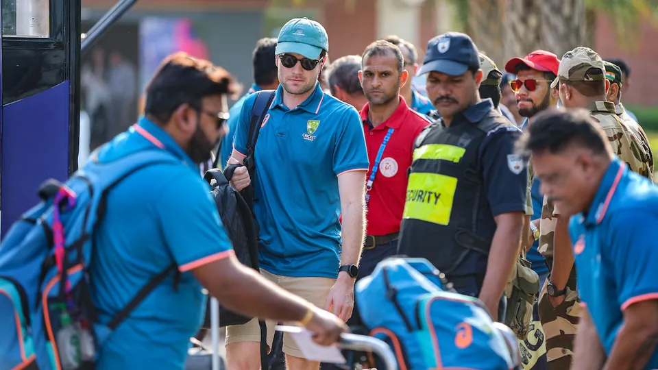 Australian players arrive at the Sardar Vallabhbhai Patel International Airport ahead of their ICC Men's Cricket world Cup match, in Ahmedabad, Sunday, Oct. 29, 2023.
