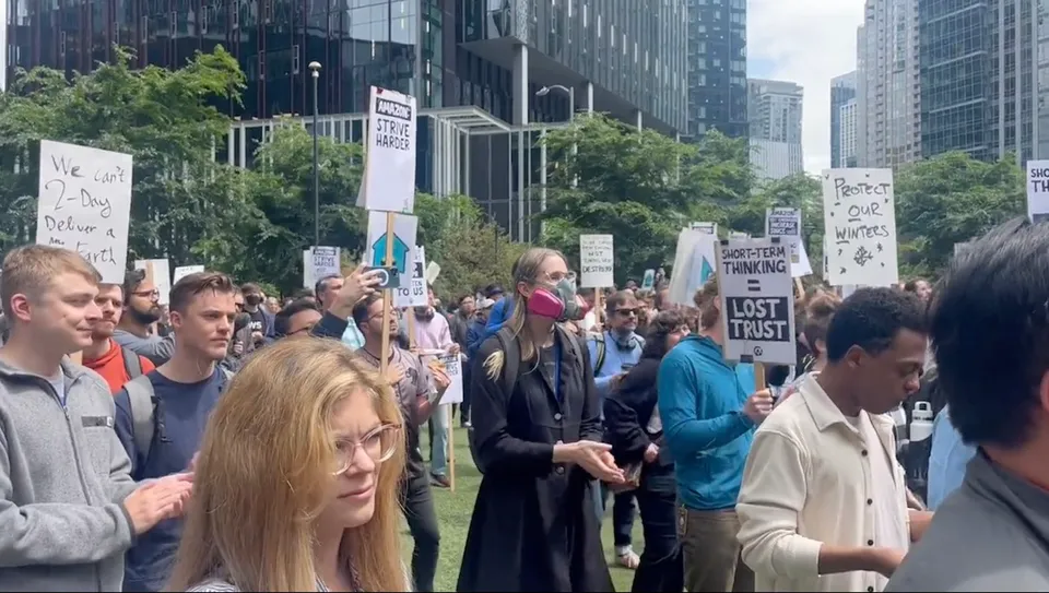 Amazon employees protesting return-to-office mandate at the company's Seattle headquarters