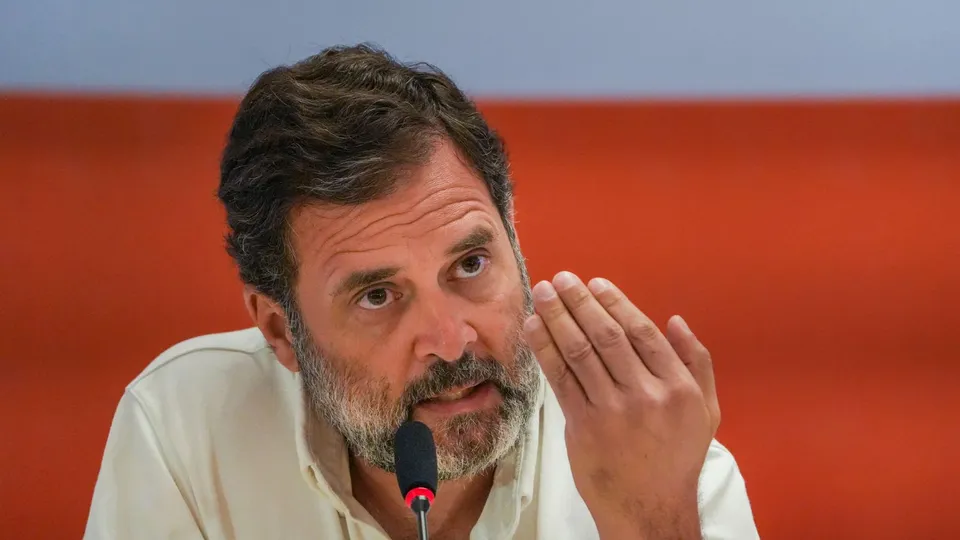 Congress leader Rahul Gandhi speaks during a joint press conference with Samajwadi Party President Akhilesh Yadav (unseen), ahead of Lok Sabha elections, in Ghaziabad, Wednesday, April 17, 2024