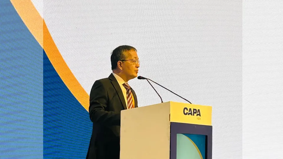 Civil Aviation Secretary Vumlunmang Vualnam speaking at the CAPA India Aviation Summit 2024 in New Delhi