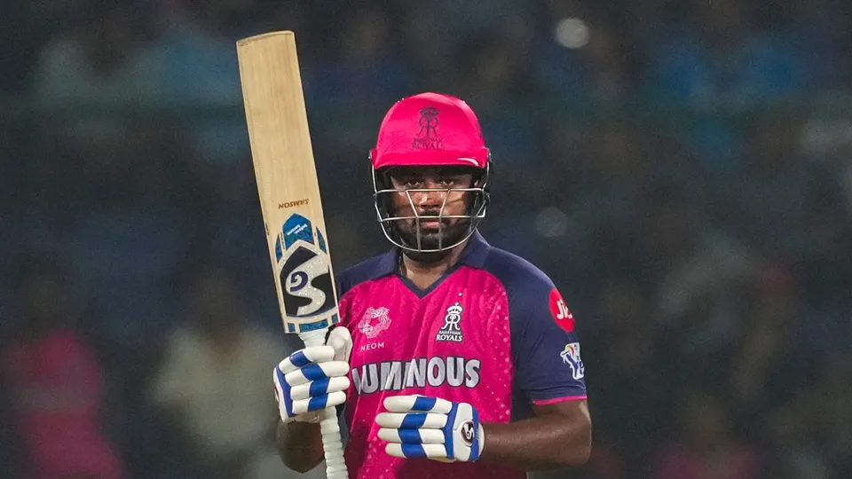 Rajasthan Royals batter Sanju Samson celebrates his half-century during the Indian Premier League (IPL) 2024 cricket match between Delhi Capitals and Rajasthan Royals