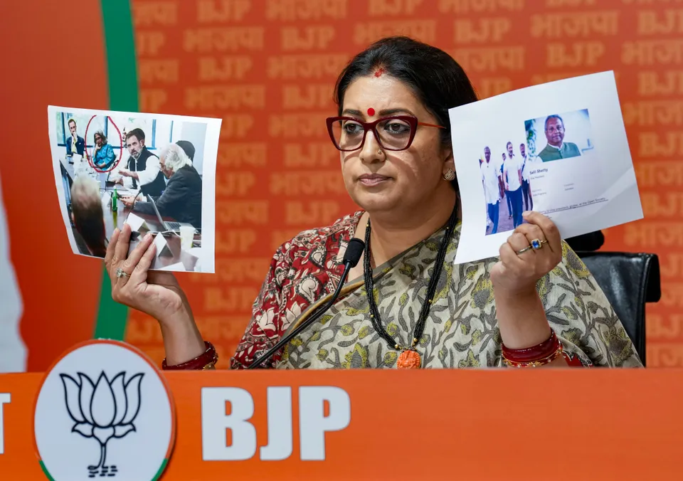 Union Minister for Women and Child Development and BJP leader Smriti Irani addresses a press conference at the BJP headquarters, in New Delhi
