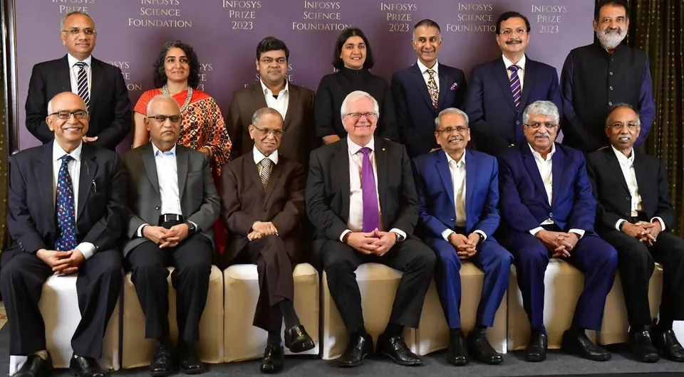 Winners of the Infosys Prize 2023 with Brian Schmidt, Nobel Laureate in Physics in 2011 and the trustees of the Infosys Science Foundation during the prize distribution ceremony in Bengaluru on Saturday