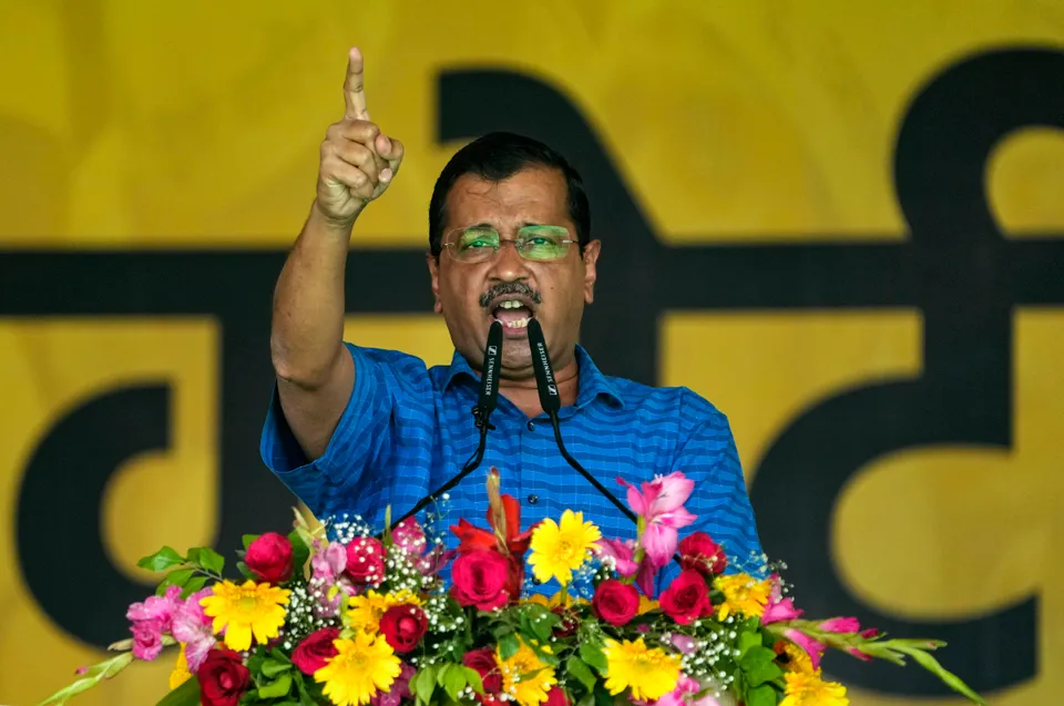 Delhi Chief Minister Arvind Kejriwal addresses AAP's maha rally against the Centre's ordinance on control of services in the national capital, at Ramlila Maidan, in New Delhi