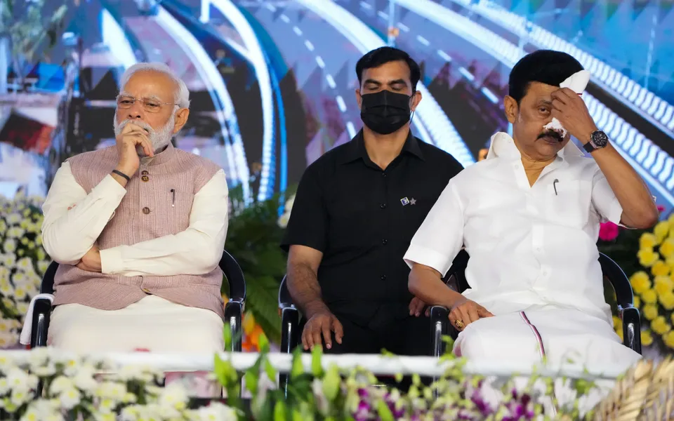 Prime Minister Narendra Modi with Tamil Nadu Chief Minister MK Stalin at the foundation stone laying ceremony and inauguraton of various projects in Chennai on April 8