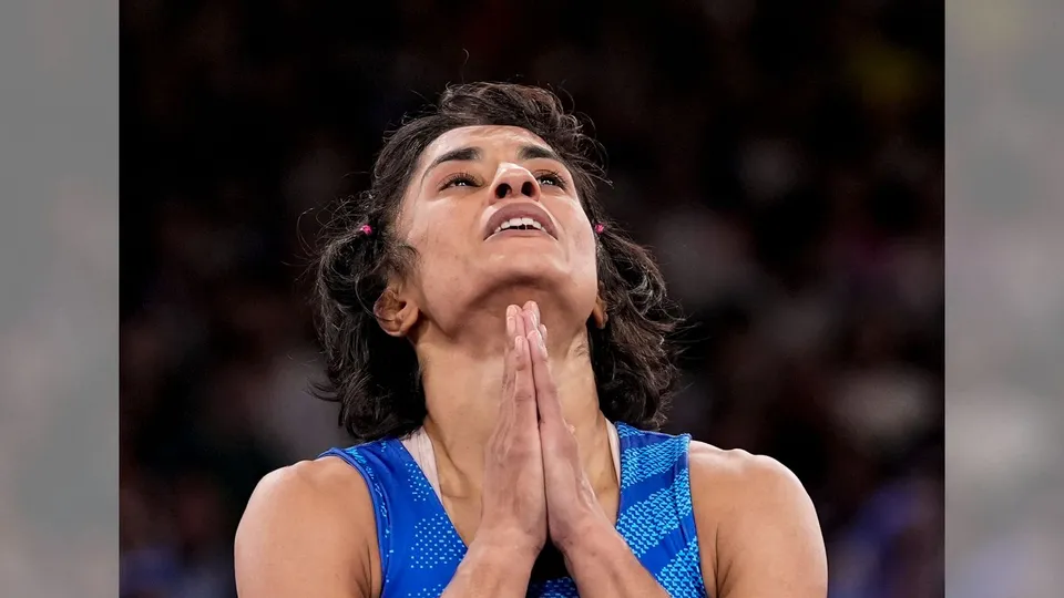 In this file image wrestler Vinesh Phogat reacts after the round of 16 of the women's freestyle 50kg wrestling match against Japan's Yui Susaki, at Champ-de-Mars Arena, in Paris, France, Tuesday, Aug. 6, 2024.
