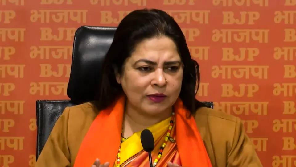 Union Minister Meenakshi Lekhi addresses a press conference at BJP headquarters in New Delhi