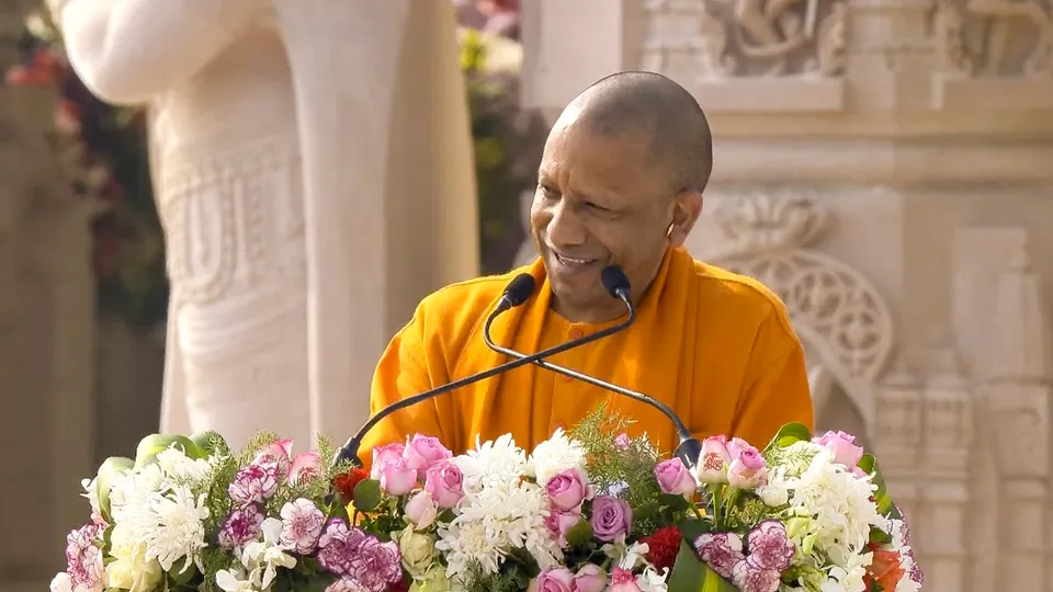 Uttar Pradesh Chief Minister Yogi Adityanath addresses a gathering after the 'Pran Pratishtha' ceremony at the Ram Mandir, in Ayodhya