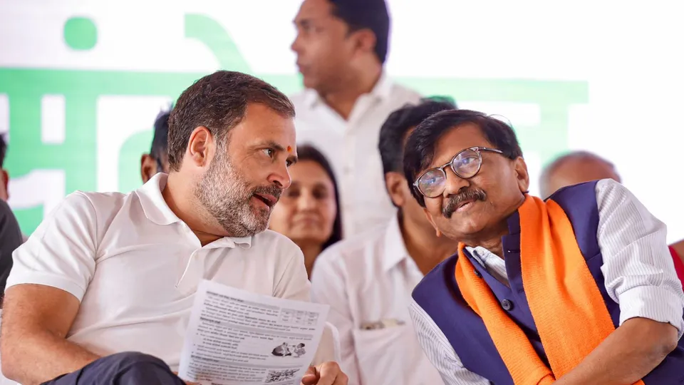 Congress leader Rahul Gandhi with Shiv Sena (UBT) leader Sanjay Raut