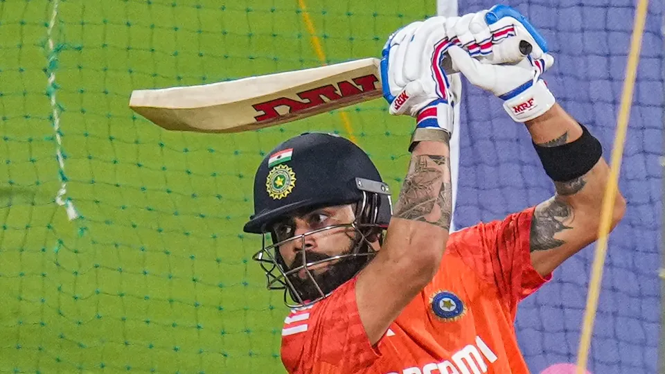 India's Virat Kohli during a practice session ahead of the ICC Men's Cricket World Cup match against Netherlands, at Chinnaswamy Stadium in Bengaluru