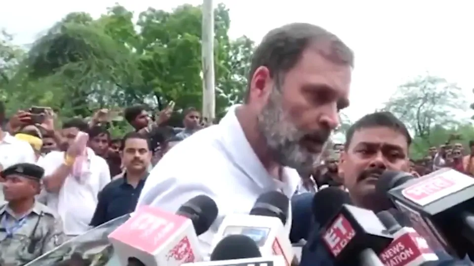 Rahul Gandhi speaks with reporters in Raebareli on Tuesday, August 20, 2024