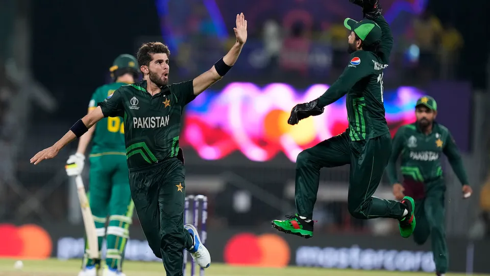 Pakistan's bowler Shaheen Afridi celebrates the wicket of South Africa's batter Gerald Coetzee during the ICC Men's Cricket World Cup 2023 match between Pakistan and South Africa, at MA Chidambaram Stadium, in Chennai, Friday, Oct. 27, 2023.