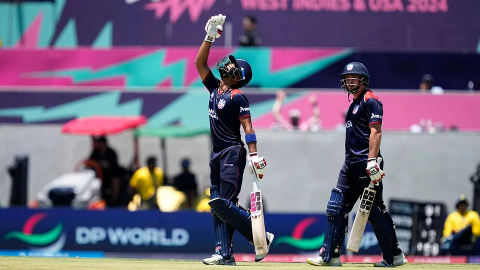 United States' captain Monank Patel looks skywards to celebrate scoring fifty runs during the ICC Men's T20 World Cup cricket match between United States and Pakistan at the Grand Prairie Stadium in Grand Prairie, Texas, Thursday, June 6, 2024