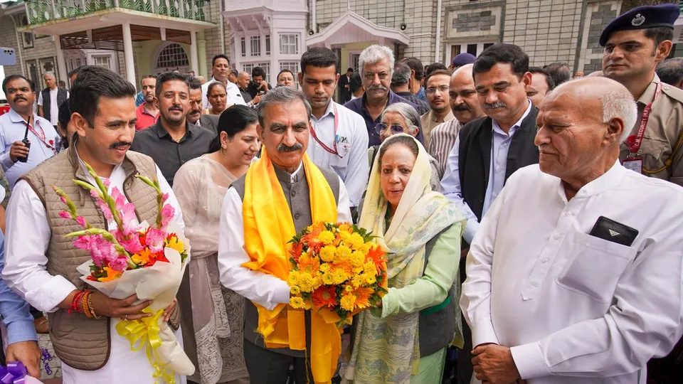 Himachal Pradesh Chief Minister Sukhvinder Singh Sukhu with Congress leader Vikramaditya Singh and Pratibha Singh after party won Assembly by-election, in Shimla