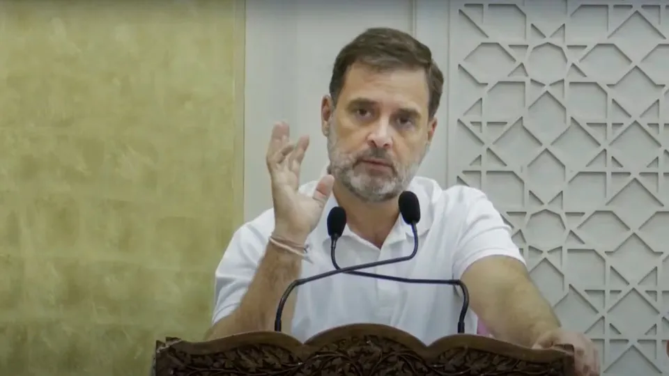Congress leader Rahul Gandhi speaks during the party workers' meeting, in Srinagar, Thursday, Aug. 22, 2024.