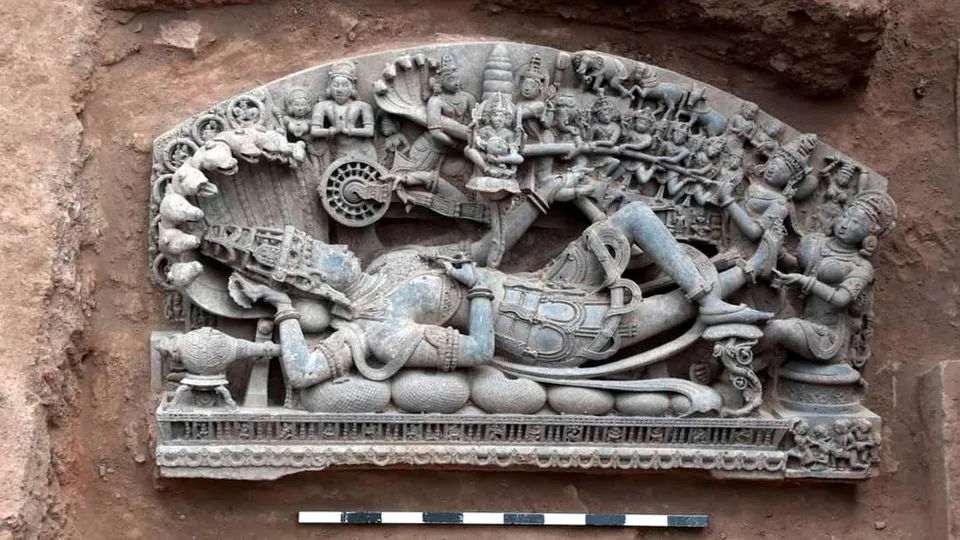 Sculpture of Sheshshayi Vishnu unearthed by a team of Archaeological Survey of India's Nagpur circle in Maharashtra's Sindkhed Raja of Buldhana district.