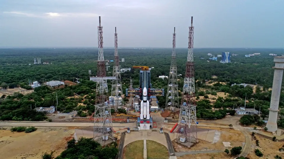 The Launch Vehicle Mark-III (LVM3) M4 vehicle with Chandrayaan-3 at the launch pad at Satish Dhawan Space Centre, in Sriharikota