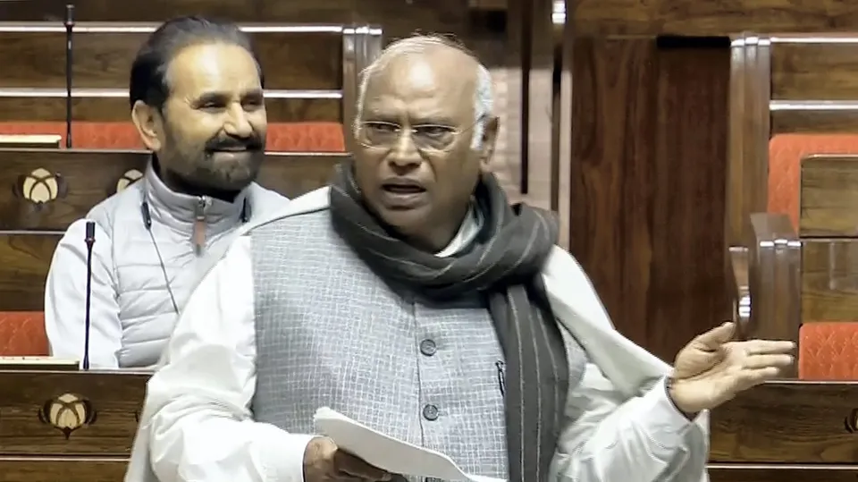 Leader of the Opposition in the Rajya Sabha Mallikajun Kharge speaks during the Budget session of Parliament, in New Delhi