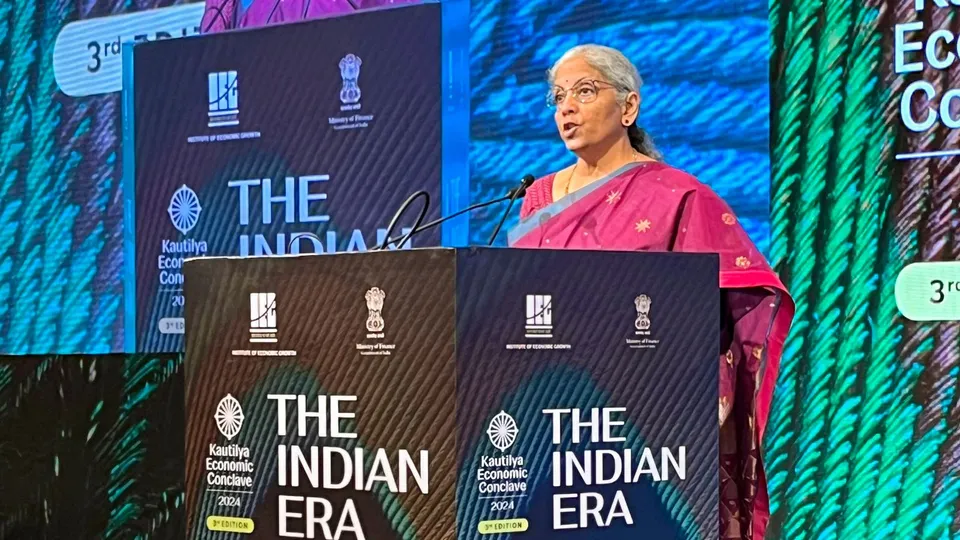 Union Finance Minister Nirmala Sitharaman addresses the third edition of Kautilya Economic Conclave (KEC 2024), in New Delhi.
