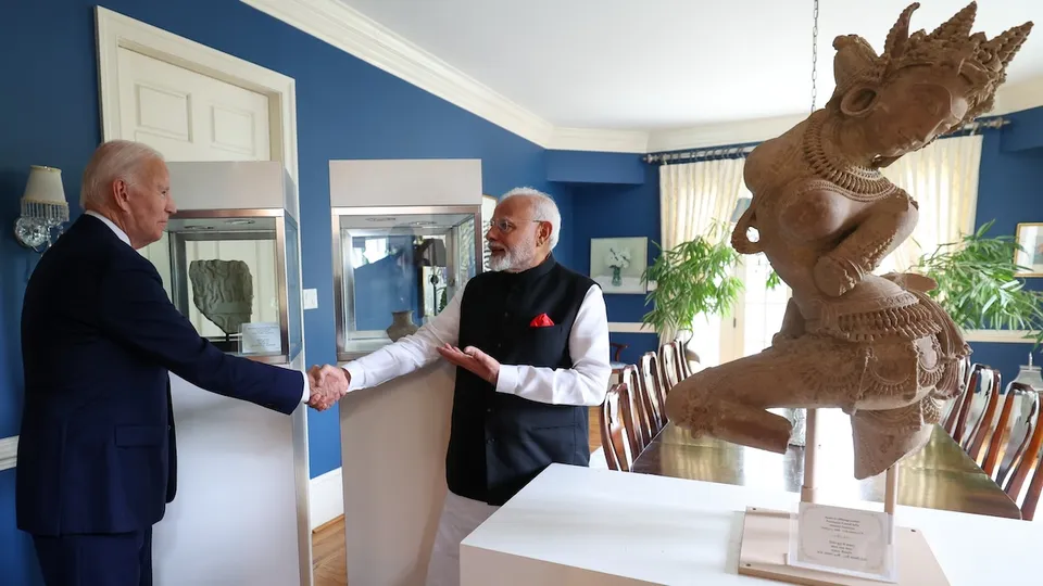 President Joe Biden hands over 297 invaluable antiquities to Prime Minister Narendra Modi on September 21, 2024, in Delaware