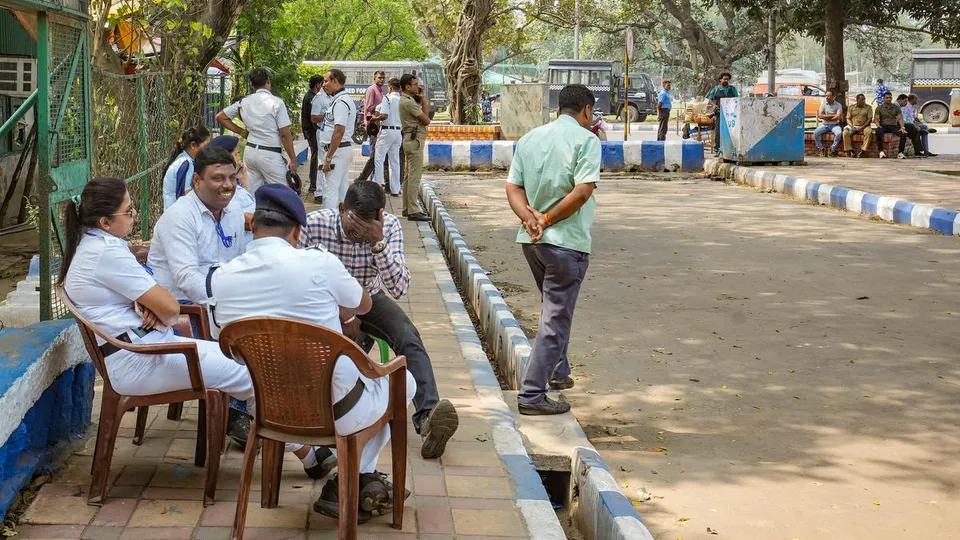 Police personnel deployed near Mahatma Gandhi’s statue, after West Bengal police denied permission to BJP to stage a protest regarding alleged atrocities against women in Sandeshkhali, in Kolkata, Monday, Feb. 26, 2024
