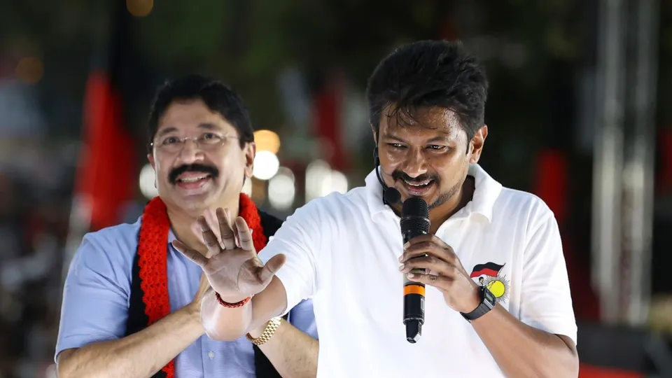 Tamil Nadu Minister and DMK leader Udhayanidhi Stalin during a campaign rally in support of the party's candidate from Chennai Central constituency Dayanidhi Maran ahead of Lok Sabha elections, in Chennai, Tuesday, April 2, 2024
