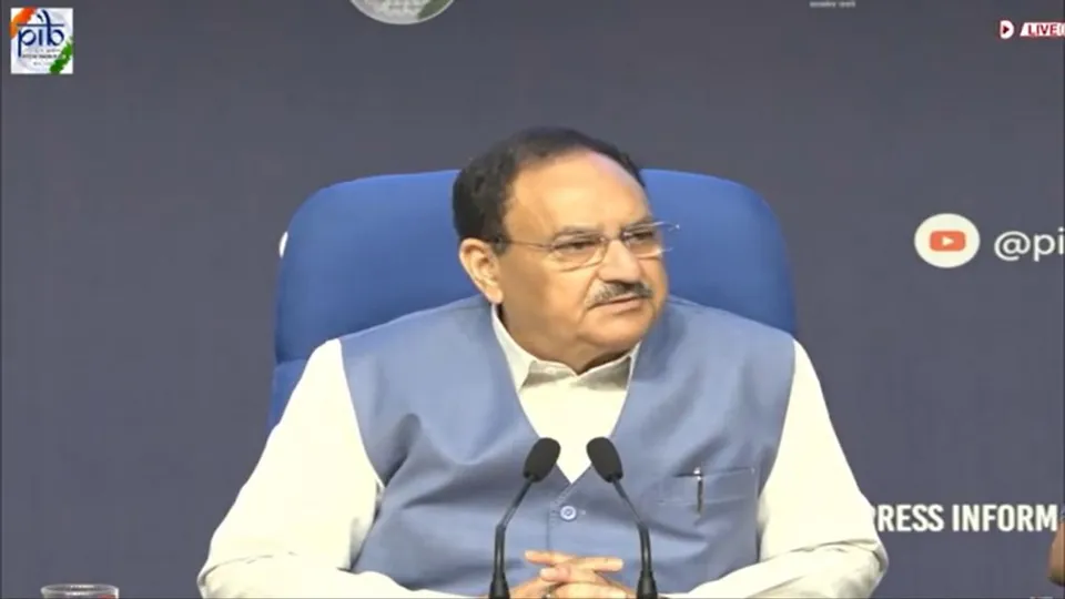 Union Health Minister JP Nadda addressing a press conference on the first 100 days of the third Modi government