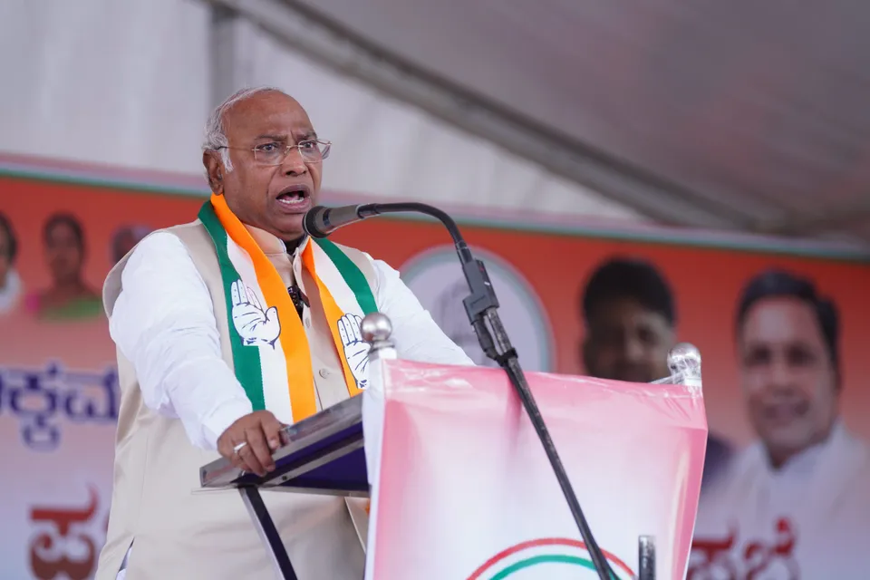 Congress President Mallikarjun Kharge addresses an election campaign ahead of the Karnataka Assembly elections