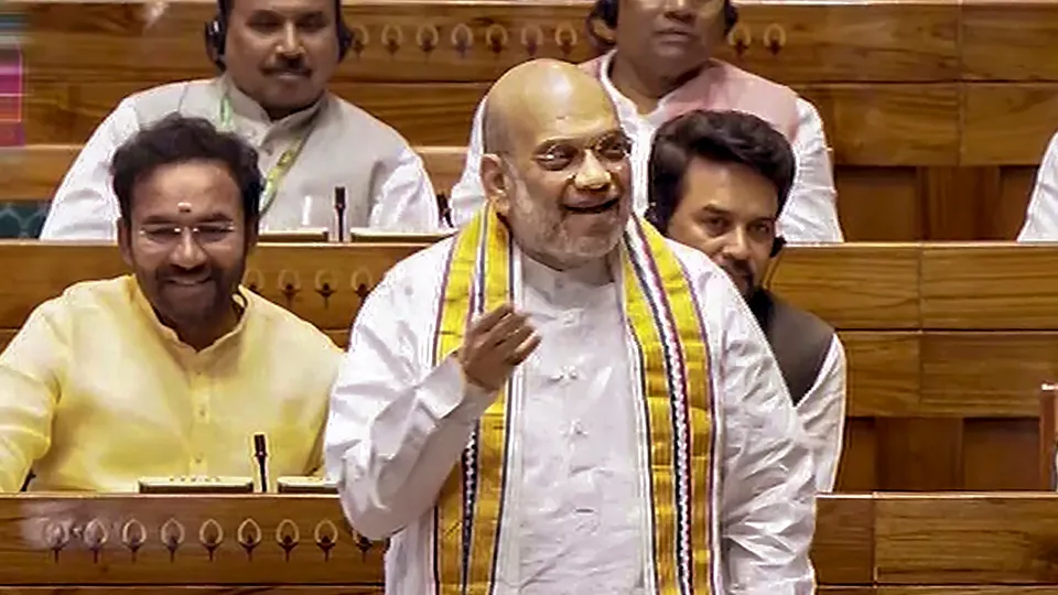 Union Home Minister Amit Shah speaks in the Lok Sabha during the special session of the Parliament, in New Delhi