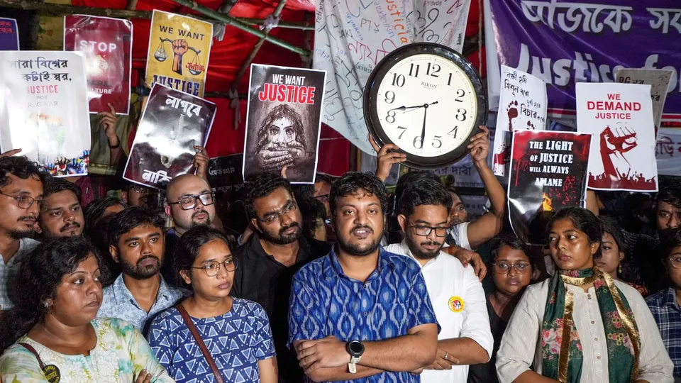 Junior doctors, protesting over the alleged rape and murder of their colleague at the RG Kar hospital, in Kolkata, Saturday, Oct 5, 2024.