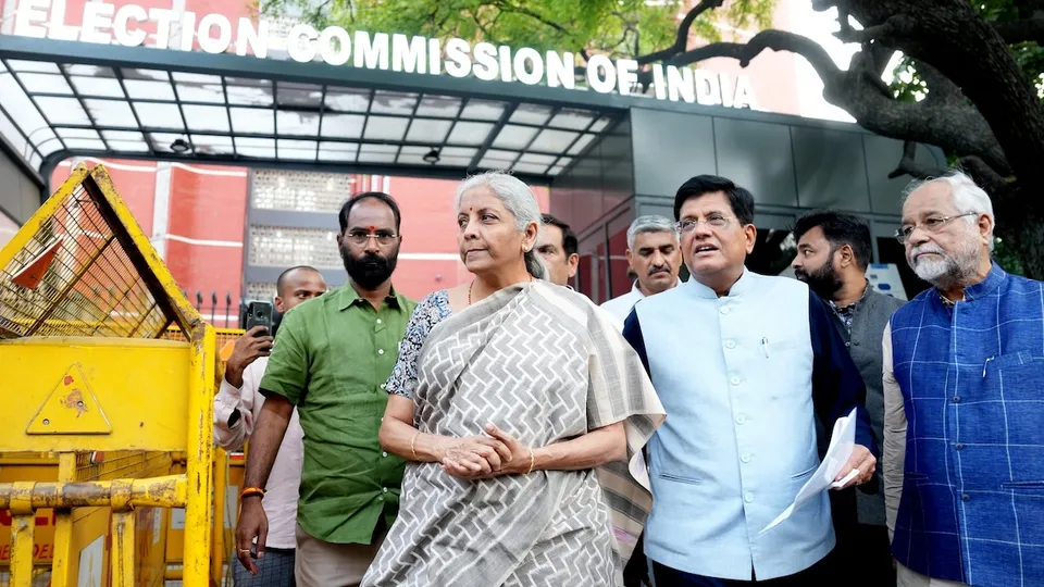 BJP leaders Nirmala Sitharaman and Piyush Goyal come out after meeting Election Commissioners at Nirvachan Sadan, in New Delhi, Sunday, June 2, 2024.