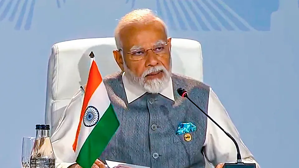 Prime Minister Narendra Modi speaks at the 15th BRICS Summit, in Johannesburg, South Africa