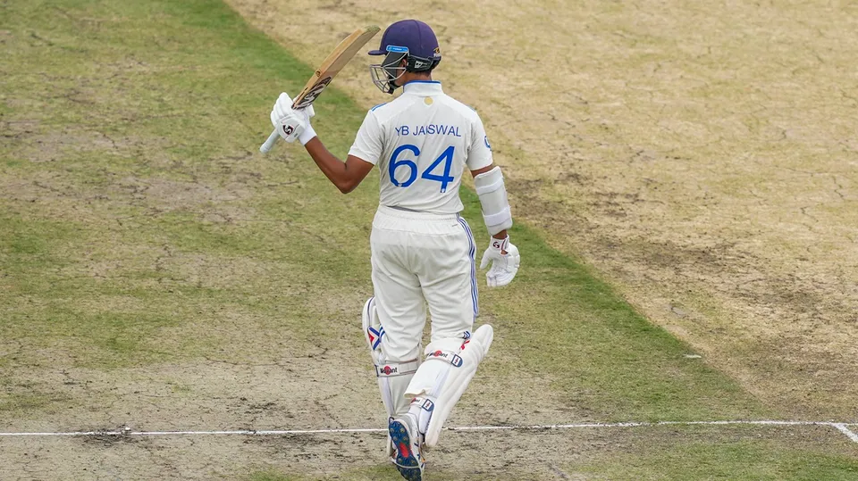 Yashasvi Jaiswal celebrates his half-century during the second day of the fourth Test cricket match between India and England, in Ranchi, Saturday, Feb. 24, 2024