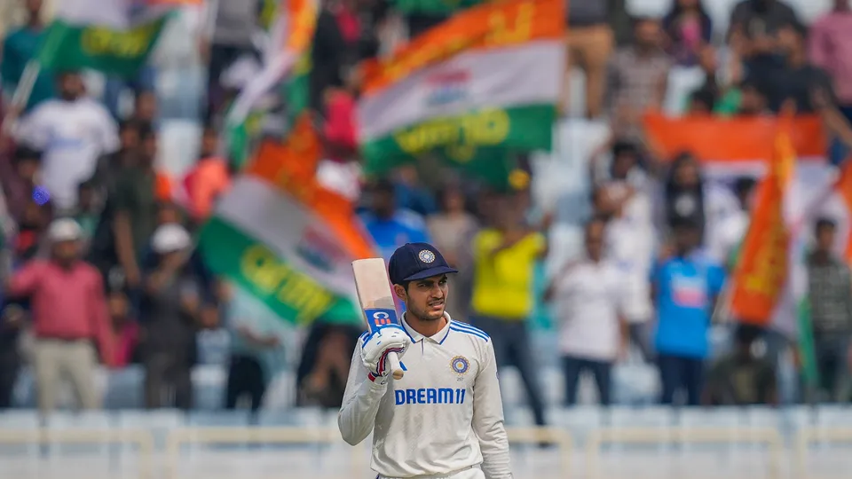 Shubman Gill celebrates his half century during the fourth day of the fourth Test cricket match between India and England, in Ranchi