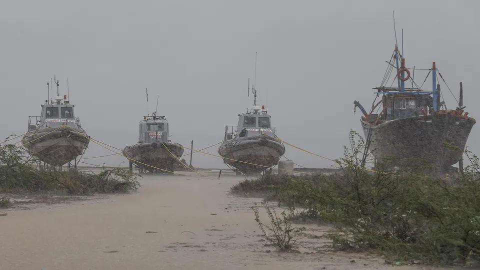 Heavy Rain at Jakhau port ahead of the landfall of Biparjoy cyclone, in Kutch district
