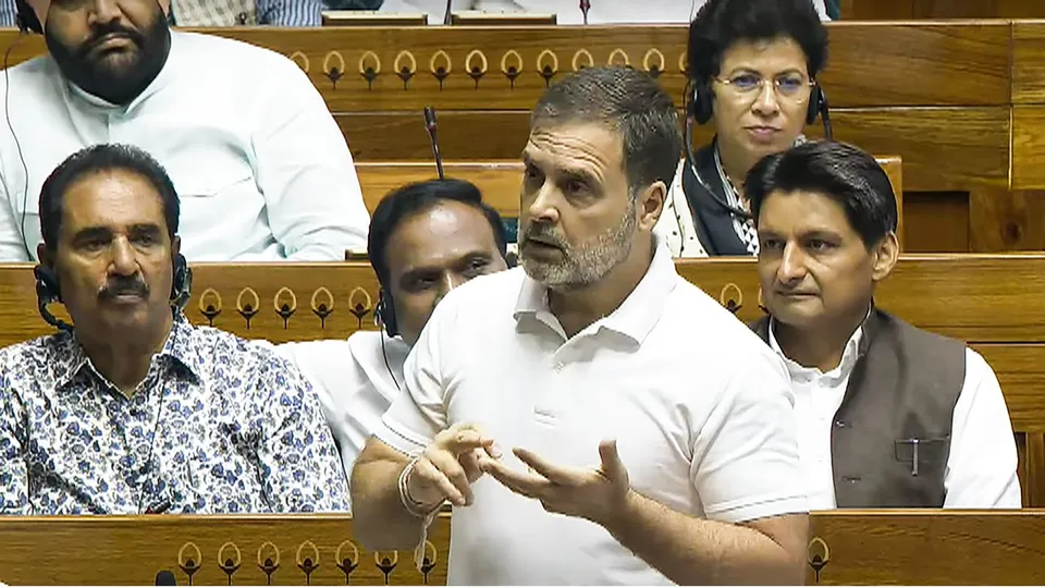 Leader of Opposition in the Lok Sabha Rahul Gandhi speaks in the House during the Monsoon session of Parliament, in New Delhi, Monday, July 29, 2024.