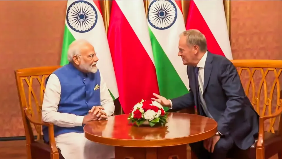 Prime Minister Narendra Modi with his Polish counterpart Donald Tusk during a meeting, in Warsaw, Poland, Thursday, Aug. 22, 2024.