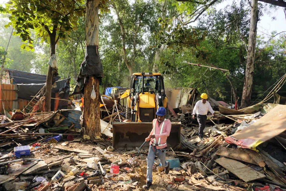 An anti-encroachment drive being carried near Bhairon Marg, in New Delhi