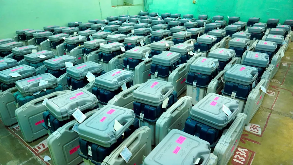 Electronic Voting Machines (EVMs) and other material at a distribution centre on the eve of the second phase of General Elections, in Ajmer, Thursday, April 25, 2024