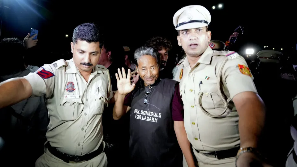 Climate activist Sonam Wangchuk being taken by police personnel after he along with other Ladakhis, was brought to Rajghat on Gandhi Jayanti, in New Delhi, Wednesday, Oct 2, 2024.