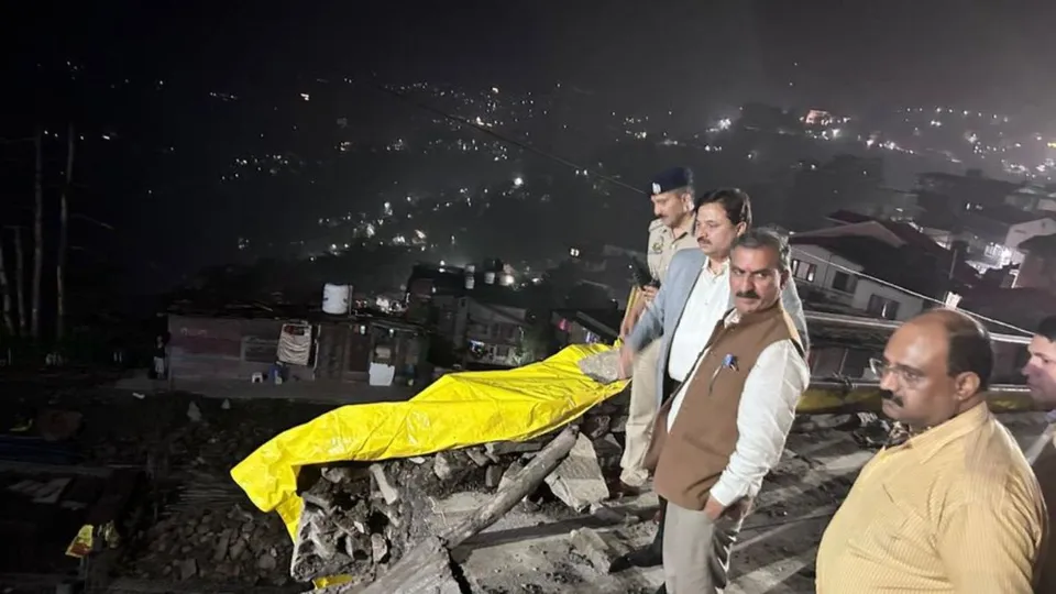 Himachal Pradesh Chief Minister Sukhvinder Singh Sukhu inspecting the road that has collapsed due to a landslide late at night
