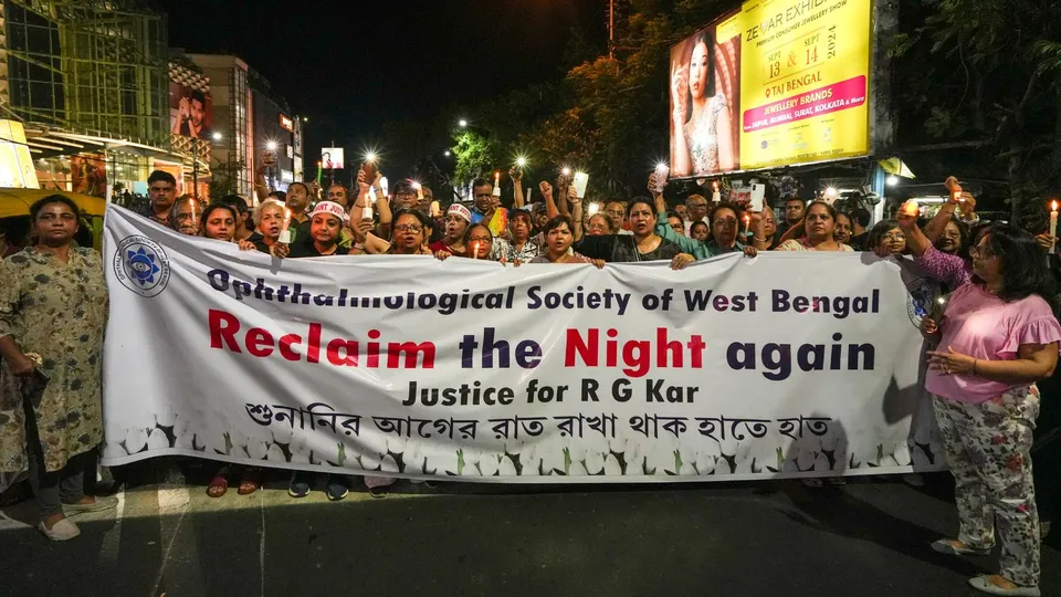 People during a candlelight march in protest against the alleged rape and murder of a trainee woman doctor at the RG Kar Medical College and Hospital, in Kolkata, Wednesday, Sept. 4, 2024.