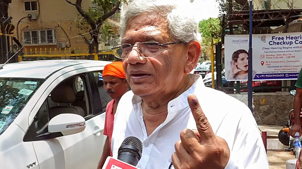 CPI(M) General Secretary Sitaram Yechury speaks with the media after casting his vote at a polling booth during the sixth phase of Lok Sabha elections, in New Delhi, Saturday, May 25, 2024