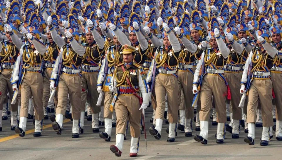 Women personnel in a marching contingent of the Central Reserve Police Force (CRPF) during the 75th Republic Day celebrations at the Kartavya Path in New Delhi