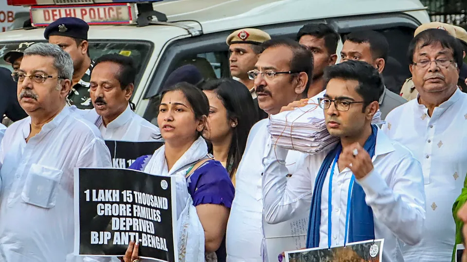 Abhishek Banerjee with party lawmakers, state ministers and supporters wait outside Krishi Bhawan during a protest against the central government over the alleged denial of MGNREGA scheme funds to the West Bengal government, in New Delhi, Tuesday, Oct. 3, 2023. 