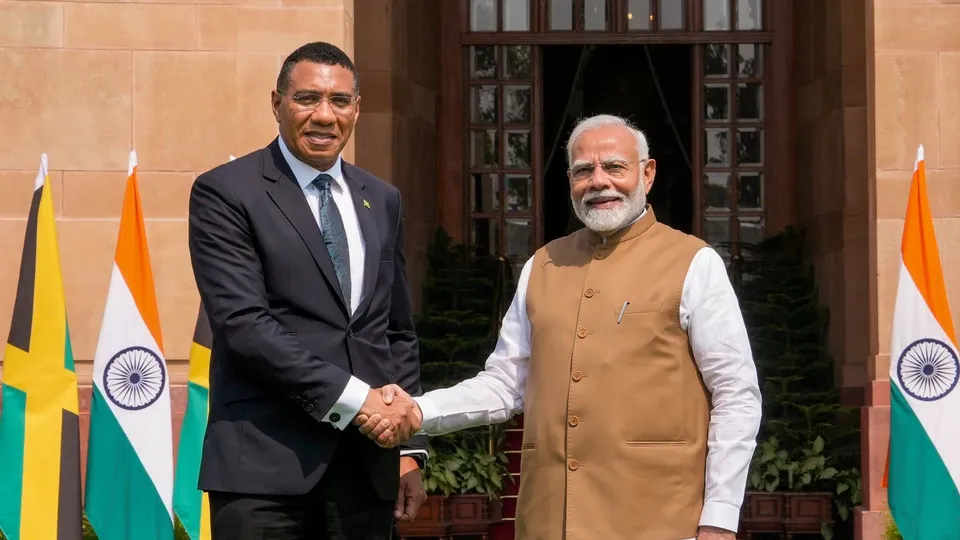 Prime Minister Narendra Modi with his Jamaican counterpart Andrew Holness prior to their meeting at Hyderabad House, in New Delhi, Tuesday, Oct. 1, 2024.