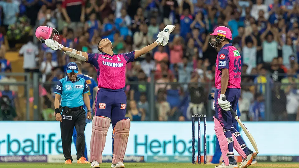 Rajasthan Royals batter Yashasvi Jaiswal celebrates his century during the IPL 2023 cricket match against Mumbai Indians on April 30