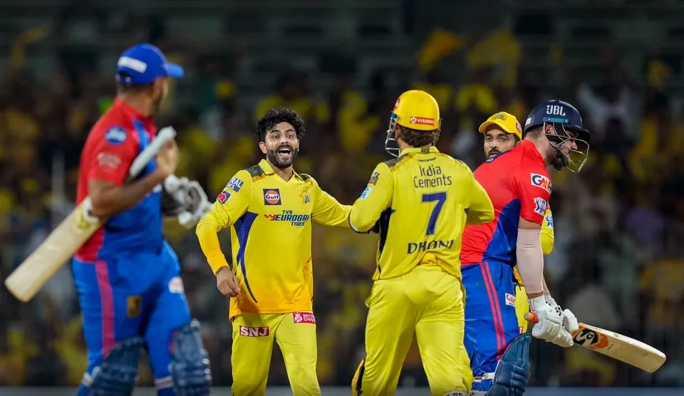 Chennai Super Kings bowler Ravindra Jadeja celebrates the wicket of Delhi Capitals batter Rilee Rossouw