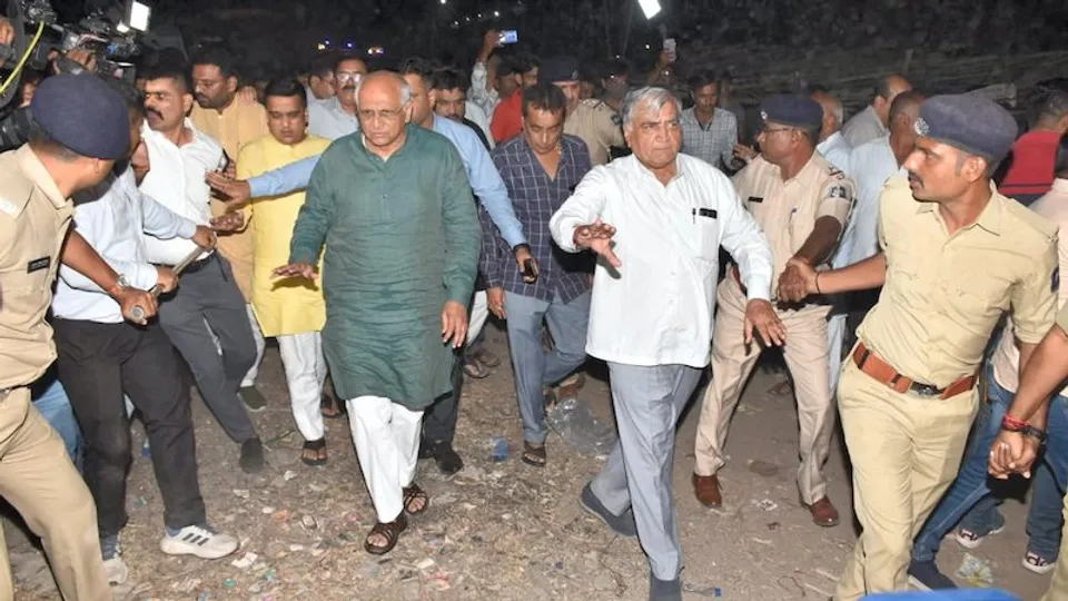 Gujarat Chief Minister Bhupendra Patel arrives at the site to take stock of the situation after an old suspension bridge over the Machchhu river collapsed in Morbi