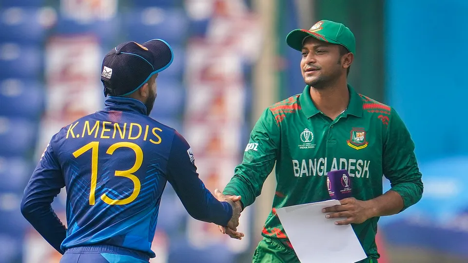 Sri Lanka's captain Kusal Mendis and Bangladesh's captain Shakib Al Hasan